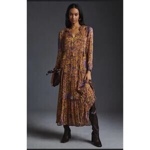 Anthropologie The Marais Printed Chiffon Tiered Maxi Dress Boho Romantic Size XS